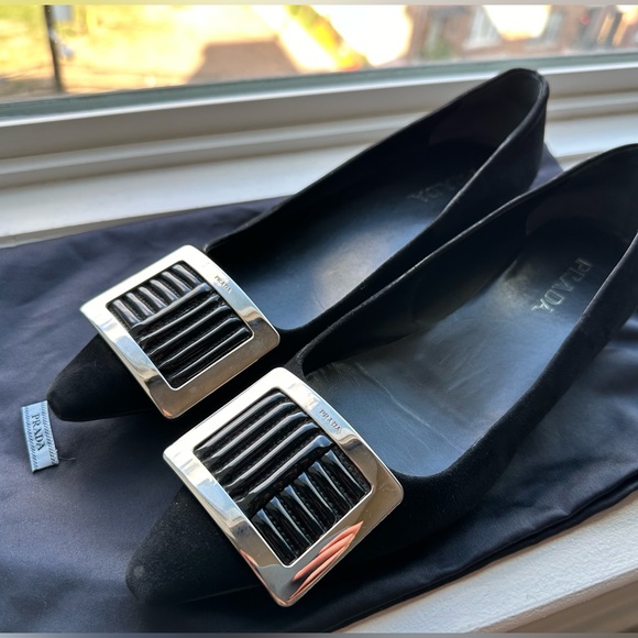 Prada black suede silver buckle flats - Picture 1 of 6